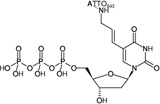 Structural formula of Aminoallyl-dUTP-ATTO-643 (5-(3-Aminoallyl)-2'-deoxyuridine-5'-triphosphate, labeled with ATTO 643, Triethylammonium salt)