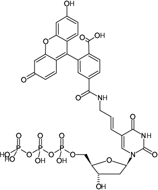 Structural formula of Aminoallyl-dUTP-6-FAM (5-(3-Aminoallyl)-2'-deoxyuridine-5'-triphosphate, labeled with 6 FAM, Triethylammonium salt)