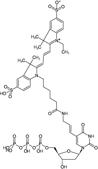 Structural formula of Aminoallyl-dUTP-Cy3 (5-(3-Aminoallyl)-2'-deoxyuridine-5'-triphosphate, labeled with Cy3, Triethylammonium salt)