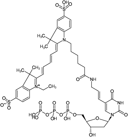 Structural formula of Aminoallyl-dUTP-Cy5 (5-(3-Aminoallyl)-2'-deoxyuridine-5'-triphosphate, labeled with Cy5, Triethylammonium salt)