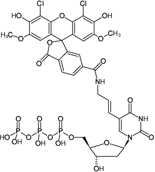 Structural formula of Aminoallyl-dUTP-6-JOE (5-(3-Aminoallyl)-2'-deoxyuridine-5'-triphosphate, labeled with 6-JOE, Triethylammonium salt)