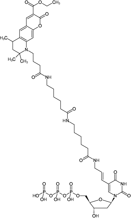 Structural formula of Aminoallyl-dUTP-XX-ATTO-425 (5-(3-Aminoallyl)-2'-deoxyuridine-5'-triphosphate, labeled with ATTO 425, Triethylammonium salt)