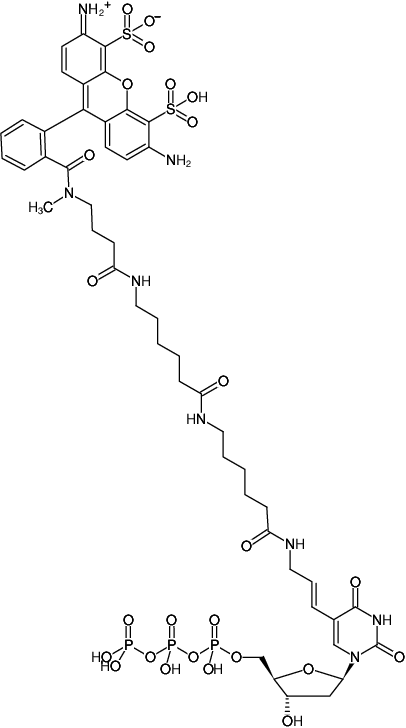 Structural formula of Aminoallyl-dUTP-XX-ATTO-488 (5-(3-Aminoallyl)-2'-deoxyuridine-5'-triphosphate, labeled with ATTO 488, Triethylammonium salt)