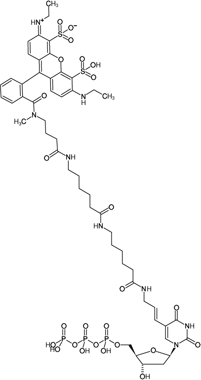 Structural formula of Aminoallyl-dUTP-XX-ATTO-532 (5-(3-Aminoallyl)-2'-deoxyuridine-5'-triphosphate, labeled with ATTO 532, Triethylammonium salt)