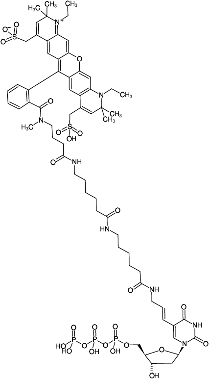 Structural formula of Aminoallyl-dUTP-XX-ATTO-594 (5-(3-Aminoallyl)-2'-deoxyuridine-5'-triphosphate, labeled with ATTO 594, Triethylammonium salt)