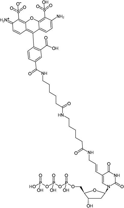 Structural formula of Aminoallyl-dUTP-XX-AF488 (also known as Alexa Fluor 488®-dUTP, 5-(3-Aminoallyl)-2'-deoxyuridine-5'-triphosphate, labeled with AF488, Triethylammonium salt)