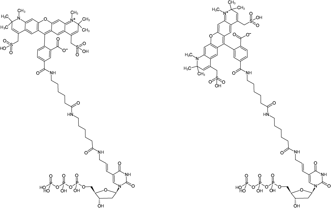 Structural formula of Aminoallyl-dUTP-XX-AF594 (also known as Alexa Fluor 594®-dUTP, 5-(3-Aminoallyl)-2'-deoxyuridine-5'-triphosphate, labeled with AF594, Triethylammonium salt)
