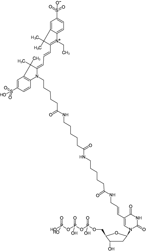 Structural formula of Aminoallyl-dUTP-XX-Cy3 (5-(3-Aminoallyl)-2'-deoxyuridine-5'-triphosphate, labeled with Cy3, Triethylammonium salt)