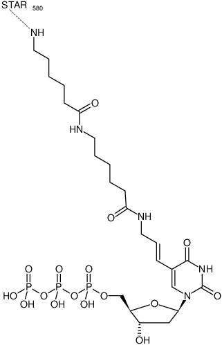 Structural formula of Aminoallyl-dUTP-XX-STAR 580 (5-(3-Aminoallyl)-2'-deoxyuridine-5'-triphosphate, labeled with Abberior® STAR 580, Triethylammonium salt)