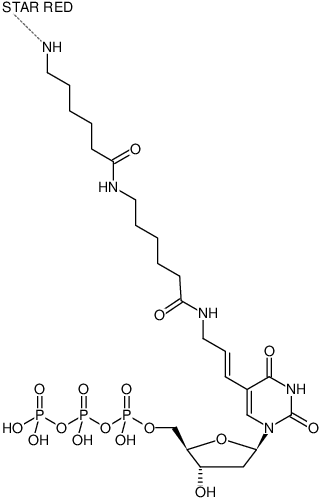 Structural formula of Aminoallyl-dUTP-XX-STAR RED (5-(3-Aminoallyl)-2'-deoxyuridine-5'-triphosphate, labeled with abberior® STAR RED, Triethylammonium salt)