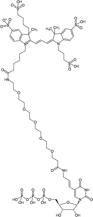 Structural formula of Aminoallyl-UTP-PEG5-AF555 (5-(3-Aminoallyl-PEG5)-uridine-5'-triphosphate, labeled with AF555, Triethylammonium salt)