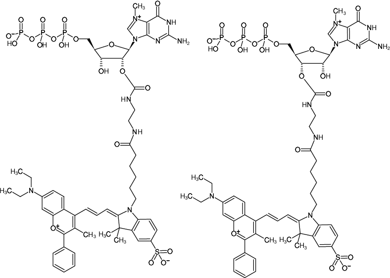 Structural formula of EDA-m7GTP-DYQ-660 (2'/3'-O-(2-Aminoethyl-carbamoyl)-7-methyl-guanosine-5'-triphosphate, labeled with DYQ 660, Triethylammonium salt)