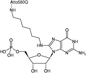 Structural formula of 8-(6-Aminohexyl)-amino-GMP-ATTO-580Q (8-(6-Aminohexyl)-amino-guanosine-5'-monophosphate, labeled with ATTO 580Q, Triethylammonium salt)