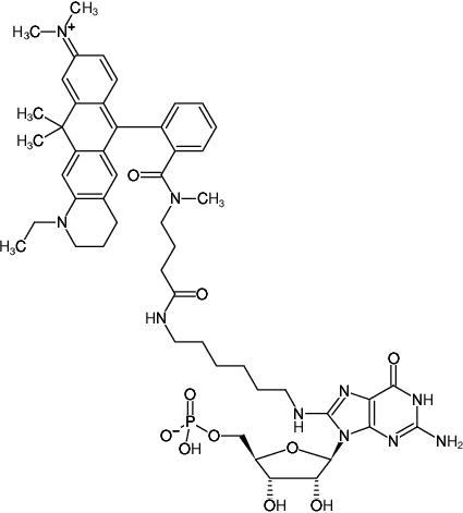 Structural formula of 8-(6-Aminohexyl)-amino-GMP-ATTO-633 (8-(6-Aminohexyl)-amino-guanosine-5'-monophosphate, labeled with ATTO 633, Triethylammonium salt)