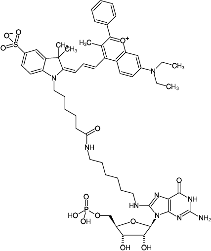 Structural formula of 8-(6-Aminohexyl)-amino-GMP-DYQ-660 (8-(6-Aminohexyl)-amino-guanosine-5'-monophosphate, labeled with DYQ 660, Triethylammonium salt)