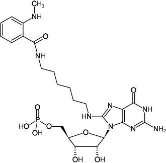 Structural formula of 8-(6-Aminohexyl)-amino-GMP-MANT (8-(6-Aminohexyl)-amino-guanosine-5'-monophosphate, labeled with MANT, Triethylammonium salt)