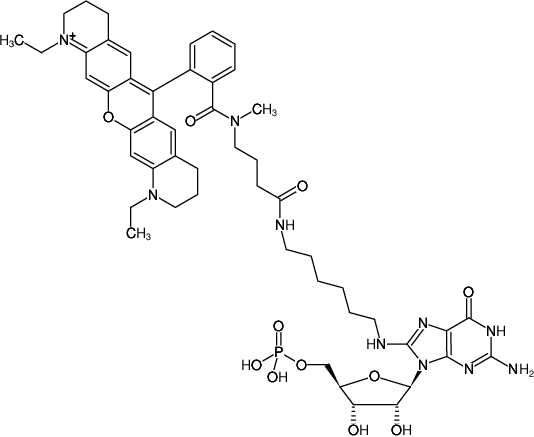 Structural formula of 8-(6-Aminohexyl)-amino-GMP-ATTO-Rho11 (8-(6-Aminohexyl)-amino-guanosine-5'-monophosphate, labeled with ATTO Rho11, Triethylammonium salt)