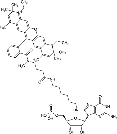 Structural formula of 8-(6-Aminohexyl)-amino-GMP-ATTO-Rho13 (8-(6-Aminohexyl)-amino-guanosine-5'-monophosphate, labeled with ATTO Rho13, Triethylammonium salt)