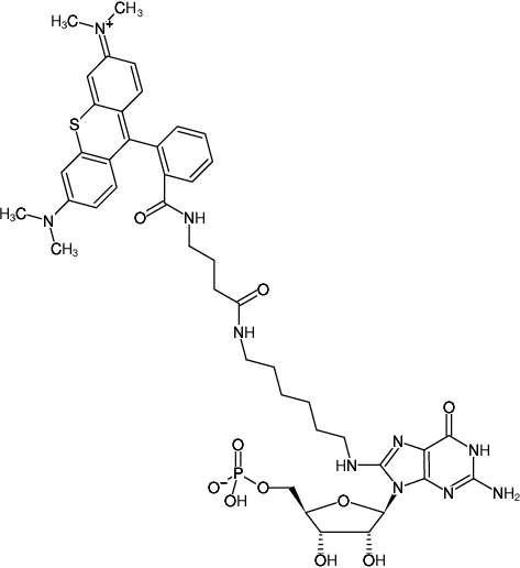 Structural formula of 8-(6-Aminohexyl)-amino-GMP-ATTO-Thio12 (8-(6-Aminohexyl)-amino-guanosine-5'-monophosphate, labeled with ATTO Thio12)