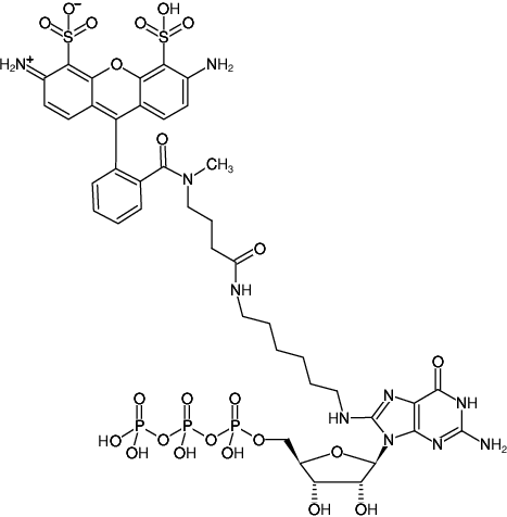 Structural formula of 8-(6-Aminohexyl)-amino-GTP-ATTO-488 (8-(6-Aminohexyl)-amino-guanosine-5'-triphosphate, labeled with ATTO 488, Triethylammonium salt)