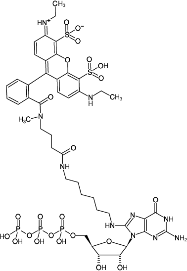 Structural formula of 8-(6-Aminohexyl)-amino-GTP-ATTO-532 (8-(6-Aminohexyl)-amino-guanosine-5'-triphosphate, labeled with ATTO 532, Triethylammonium salt)