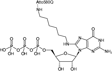 Structural formula of 8-(6-Aminohexyl)-amino-GTP-ATTO-580Q (8-(6-Aminohexyl)-amino-guanosine-5'-triphosphate, labeled with ATTO 580Q, Triethylammonium salt)