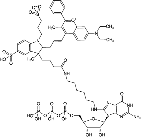 Structural formula of 8-(6-Aminohexyl)-amino-GTP-DYQ-661 (8-(6-Aminohexyl)-amino-guanosine-5'-triphosphate, labeled with DYQ 661, Triethylammonium salt)