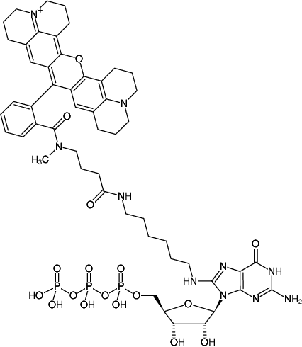Structural formula of 8-(6-Aminohexyl)-amino-GTP-ATTO-Rho101 (8-(6-Aminohexyl)-amino-guanosine-5'-triphosphate, labeled with ATTO Rho101, Triethylammonium salt)