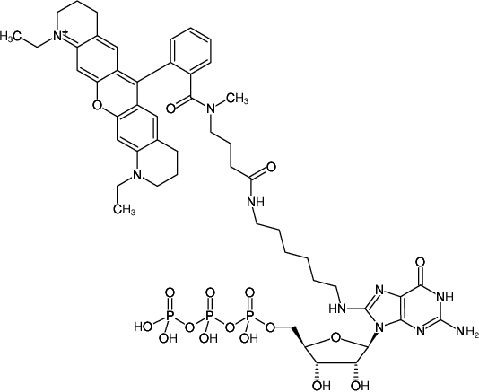 Structural formula of 8-(6-Aminohexyl)-amino-GTP-ATTO-Rho11 (8-(6-Aminohexyl)-amino-guanosine-5'-triphosphate, labeled with ATTO Rho11, Triethylammonium salt)
