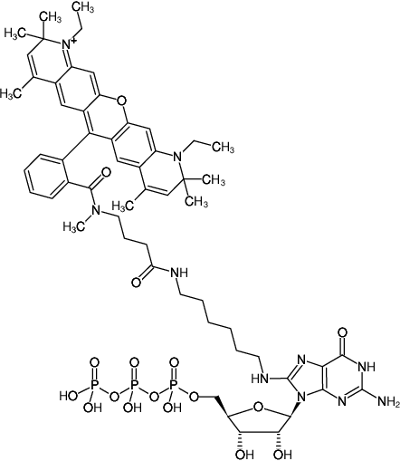 Structural formula of 8-(6-Aminohexyl)-amino-GTP-ATTO-Rho13 (8-(6-Aminohexyl)-amino-guanosine-5'-triphosphate, labeled with ATTO Rho13, Triethylammonium salt)