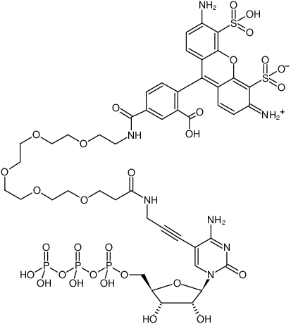 Structural formula of 5-Propargylamino-CTP-PEG5-AF488 (5-(PEG5-Propargylamino)-cytidine-5'-triphosphate, labeled with AF488, Triethylammonium salt)