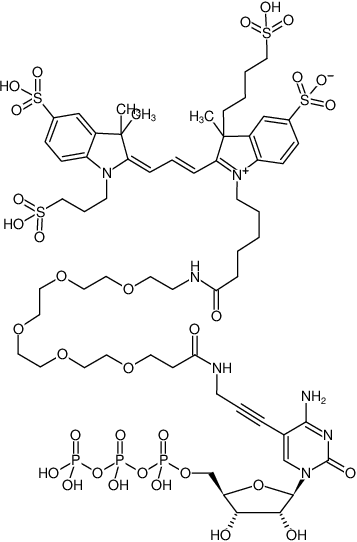 Structural formula of 5-Propargylamino-CTP-PEG5-AF555 (5-(PEG5-Propargylamino)-cytidine-5'-triphosphate, labeled with AF555, Triethylammonium salt)