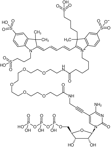 Structural formula of 5-Propargylamino-CTP-PEG5-AF647 (5-(PEG5-Propargylamino)-cytidine-5'-triphosphate, labeled with AF647, Triethylammonium salt)