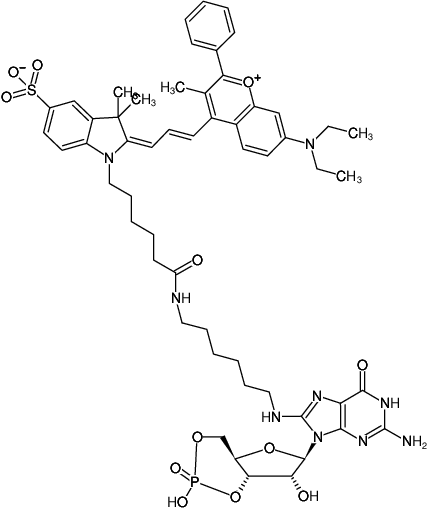 Structural formula of 8-(6-Aminohexyl)-amino-cGMP-DYQ-660 (8-(6-Aminohexyl)-amino-guanosine-3',5'-cyclic monophosphate, labeled with DYQ 660, Triethylammonium salt)