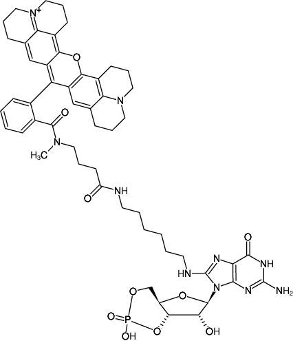 Structural formula of 8-(6-Aminohexyl)-amino-cGMP-ATTO-Rho101 (8-(6-Aminohexyl)-amino-guanosine-3',5'-cyclic monophosphate, labeled with ATTO Rho101, Triethylammonium salt)