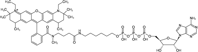 Structural formula of γ-(6-Aminohexyl)-ATP-ATTO-Rho12 (γ-(6-Aminohexyl)-adenosine-5'-triphosphate, labeled with ATTO Rho12, Triethylammonium salt)