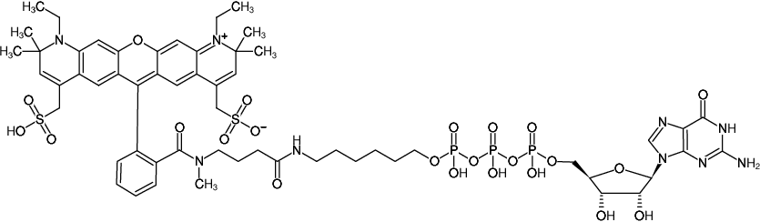 Structural formula of γ-(6-Aminohexyl)-GTP-ATTO-594 (γ-(6-Aminohexyl)-guanosine-5'-triphosphate, labeled with ATTO 594, Triethylammonium salt)