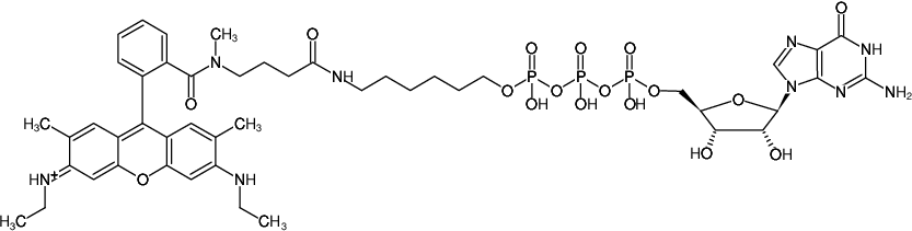 Structural formula of γ-(6-Aminohexyl)-GTP-ATTO-Rho6G (γ-(6-Aminohexyl)-guanosine-5'-triphosphate, labeled with ATTO Rho6G, Triethylammonium salt)