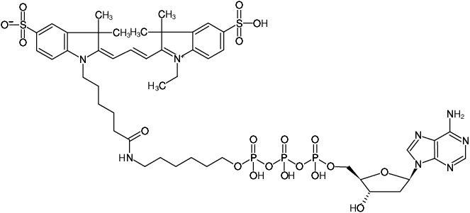 Structural formula of γ-(6-Aminohexyl)-dATP-Cy3 (γ-(6-Aminohexyl)-2'-deoxyadenosine-5'-triphosphate, labeled with Cy3, Triethylammonium salt)