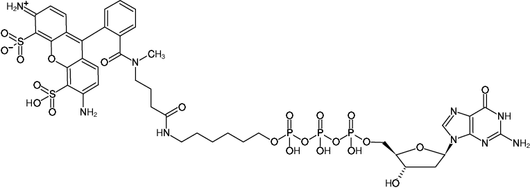 Structural formula of γ-(6-Aminohexyl)-dGTP-ATTO-488 (γ-(6-Aminohexyl)-2'-deoxyguanosine-5'-triphosphate, labeled with ATTO-488, Triethylammonium salt)