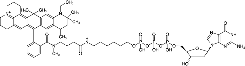Structural formula of γ-(6-Aminohexyl)-dGTP-ATTO-647N (γ-(6-Aminohexyl)-2'-deoxyguanosine-5'-triphosphate, labeled with ATTO-647N, Triethylammonium salt)