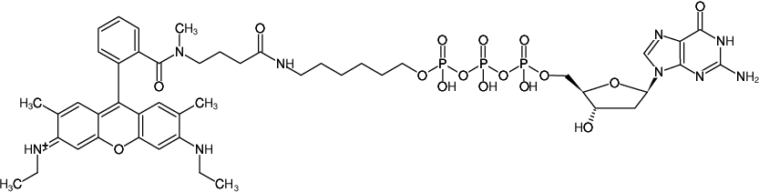 Structural formula of γ-(6-Aminohexyl)-dGTP-ATTO-Rho6G (γ-(6-Aminohexyl)-2'-deoxyguanosine-5'-triphosphate, labeled with ATTO Rho6G, Triethylammonium salt)