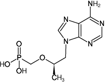 Structural formula of Tenofovir ([(2R)-1-(6-aminopurin-9-yl)propan-2-yl]oxymethylphosphonic acid)