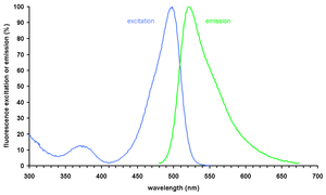 Excitation (blue) and emission (green) spectrum of SYBR® Green bound to dsDNA